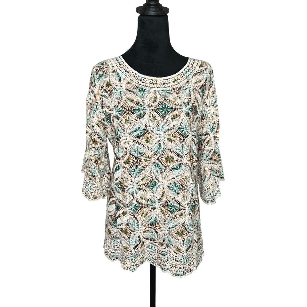 Solitaire Boho Cottage 3/4 Bell Sleeve Embroidered Blouse Green Gold‎ Small